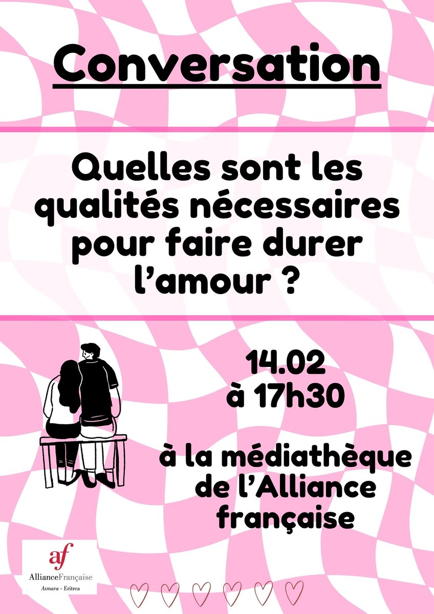 AFAsmara's tweet photo. 📷Aujourd'hui, on fait le point sur les ateliers Conversation et débat de l'AFA !
Rendez-vous à 17h30 le 14 février pour parler de l'amour 📷 et le 25 février pour discuter des traditions !📷
Quel sujet vous inspire le plus ce mois-ci ? https://t.co/5CdBDxB6wn