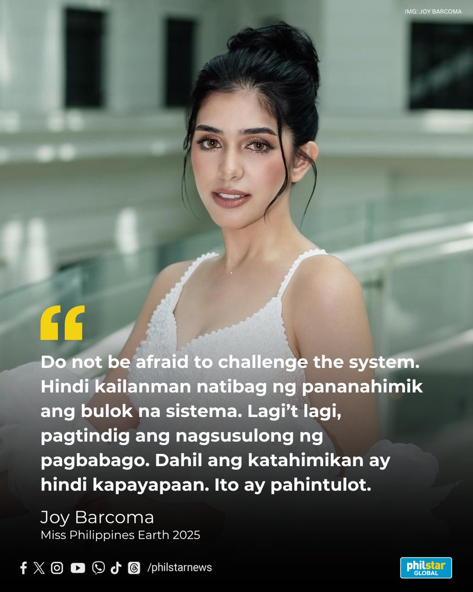 ‘ANG KATAHIMIKAN AY HINDI KAPAYAPAAN. ITO AY PAHINTULOT’

Miss Philippines Earth 2025 Joy Barcoma went viral anew this time for her dissatisfaction with Filipinos settling for inaction.

Read: philstar.com/lifestyle/on-t…