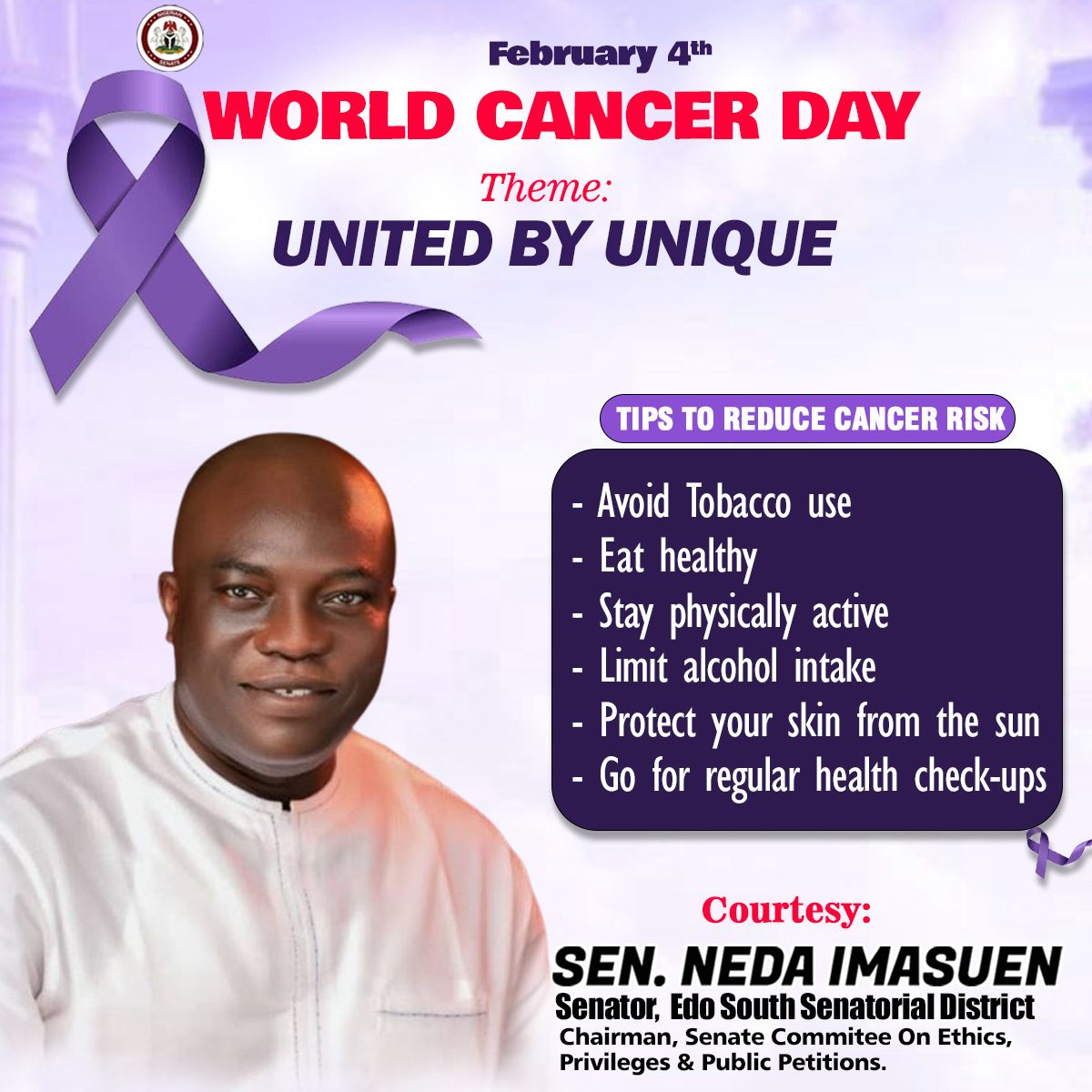 senatorNeda's tweet photo. OFFICIAL STATEMENT ON WORLD CANCER DAY

Today, on World Cancer Day, we join the global community to reaffirm our commitment to fighting cancer in all its forms. 
The theme, “United by Unique,”  reminds us that while each cancer journey is unique, together we can amplify awareness https://t.co/WmJtf7TgYU