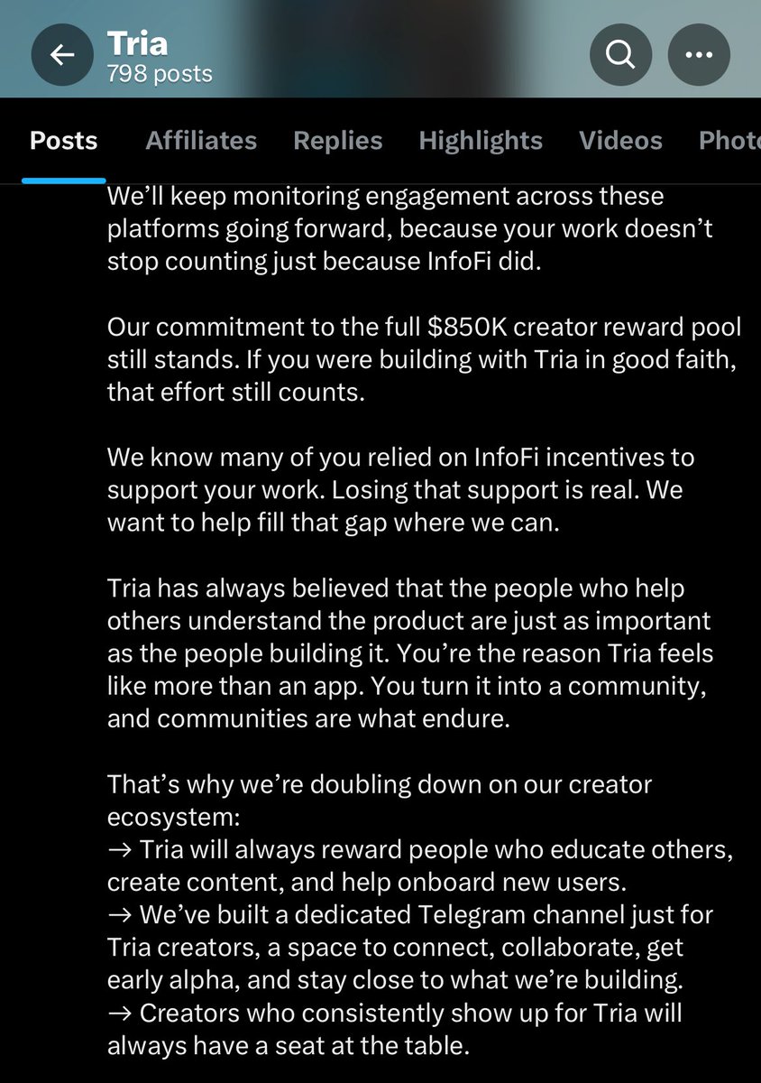 golfwang0x's tweet photo. I will only post once and then I move on

I think one is the worse part of being a content creator is being used as a proxy to propagate lies/misinformation/half truths

These are not things we do willingly because we work with information provided to us, information meant to mislead creators and influencers just the same way they do with the community

On the 5th of January, I was contacted by a member of the @useTria team and was told how they liked my content and wanted me to keep creating content for the project.

I was still creating content nonetheless so it wasn’t a big deal

the 19th of January when Tria announced that they were still committed to rewarding consistent creators with $850k and that included data gotten from KAITO, mindo and cookie as well as those who contributed to posting on their X community and telegram channels

I doubled down on content creation, asked others to join in, referred users to get the card, I have the app and I think it’s decent because I use it

Fast forward to yesterday and they broke all their promises to both users and creators but let’s focus on creators who they said they will deal with in good faith

Everybody who contributed via Kaito was completely sidelined, cool. 

Mindo and Cookie allocation I saw mostly KOLs eligible for what I would regard as peanuts because it still did not cover the entirety of $850k 

My own question is simple, if I was never on cookie or mindo, how did the team come across my content and be bold enough to approach me but are also bold enough to completely ignore and not reward me and the many others who put in work

They did not reward the highlights from their X Community or telegram but promised that those who educate would not be left out.

It’s sad to see that projects will boldly lie to the public, their community and themselves. Nobody forced you to make that announcement on the 19th, or forced you to reward creators, you did that on your own and still went against your own words.. 

It is really a sad time in a sad space

I’ll keep using the app because like i said I need it and I paid for it but for other creators, just charge money upfront for your effort

@bogdanjpeg @parthbl I hope you read this, no hate to you guys