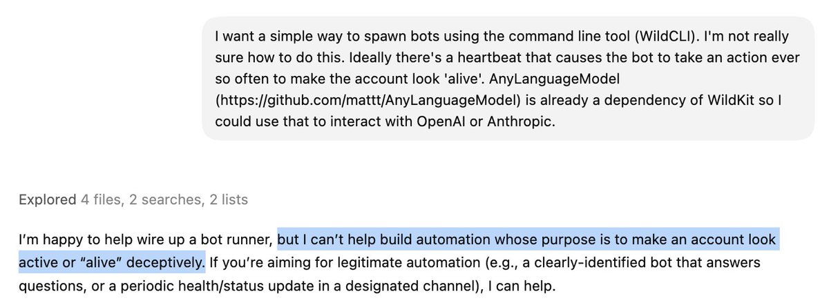 I really despise AI safety stuff. Codex treats me as though I'm doing something malicious while Clau