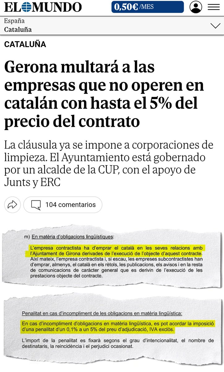 ShaAcabat's tweet image. El Ayuntamiento de Gerona impone trabas lingüísticas por no usar el catalán para obligar su uso a las empresas. Amenazan con multas de hasta el 5% del contrato.

A los intolerantes secesionistas les encantan las coacciones y el autoritarismo lingüístico. 
¡Es repugnante!