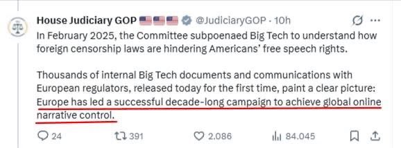 Credo ci sarà da divertirsi. 

La Commissione Giudiziaria della Camera USA dice che la EU interferisce con le elezioni violando la democrazia nei paesi membri e limita la libertà di espressione anche quando si tratta di notizie vere.

"A quanto pare, interferire con le elezioni è