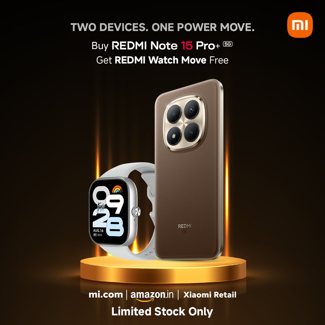 RedmiIndia's tweet image. The pre-booking response was massive, thank you #XiaomiFans.

When the love is this strong, you don’t step back. You give more.

The #REDMIWatchMove is now free with every #REDMINote15ProPlus 5G. 

Power on your wrist. Performance in your hand. 
Buy Now: bit.ly/REDMI_Note15Pr…