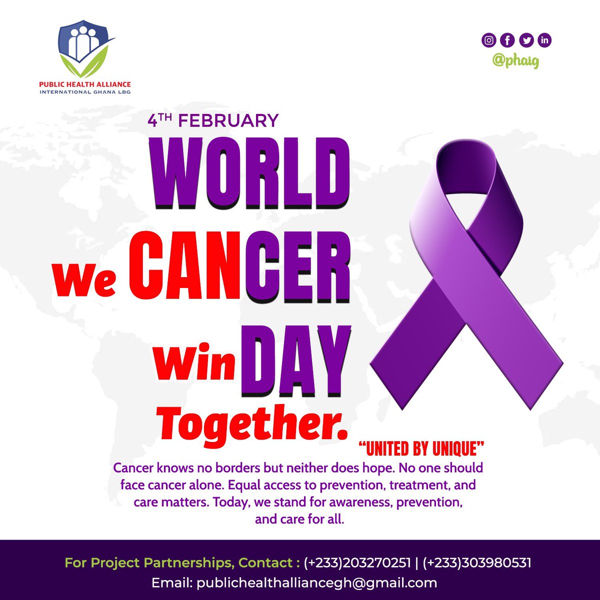 Phaig_Health's tweet photo. World Cancer Day 2026 
United by Unique 

Cancer affects us all differently - but together, we can save lives.

10M die annually; 70% in low/mid-income countries. Early detection matters.

 Join PHAIG to raise awareness, screen early &amp; support patients.

#WorldCancerDay #PHAIG https://t.co/rhxel87Nyd