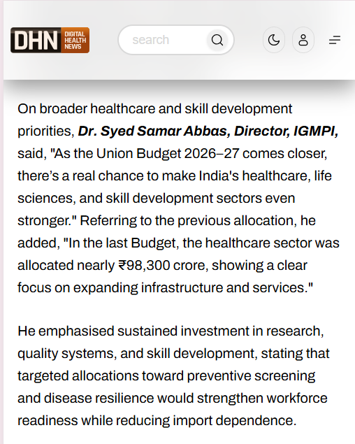 igmpiindia's tweet photo. Directorial Feature | Union Budget 2026–27

Our Director, Dr. Syed Samar Abbas, recently caught up with leading media houses to discuss the roadmap for India’s healthcare sector. 🏥

👉 https://t.co/GRm8wAu75H

#IGMPI #HealthcareNews #UnionBudget #HealthPolicy #Budget2026 https://t.co/pvx1T2RhEm
