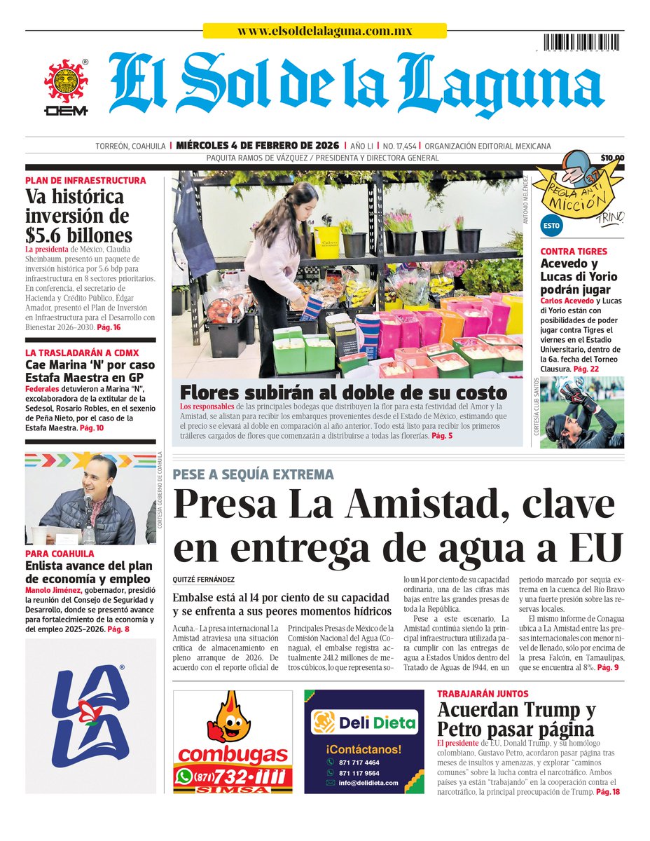 ¡Buen miércoles! ☀️😊 Te dejamos la información para empezar el día

💧 Presa La Amistad, clave en entrega de agua a EU pese a sequía extrema
➡️ acortar.link/G9itjn

🌹 Los embarques de flor llegarán a Torreón al doble en su costo
➡️ acortar.link/nTefWc