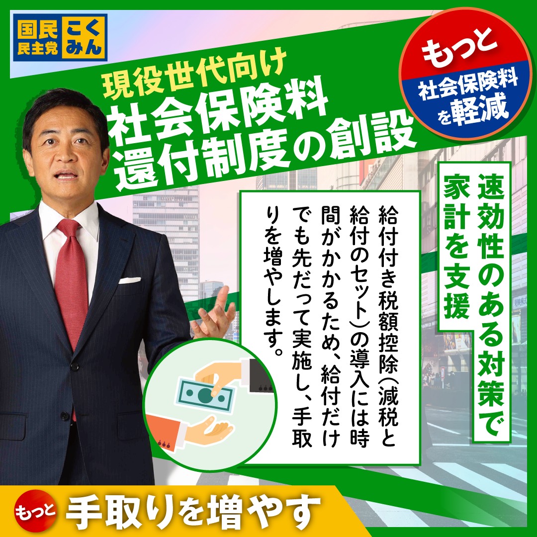 社会保険料の負担を軽減します。

導入まで時間がかかる給付付き税額控除（減税＋給付）ではなく、還付の形で迅速に始めます。

この仕組みであれば、将来の年金額も減りません。

速効性のある現実的な政策で、現役世代の手取りを増やす！

国民民主党