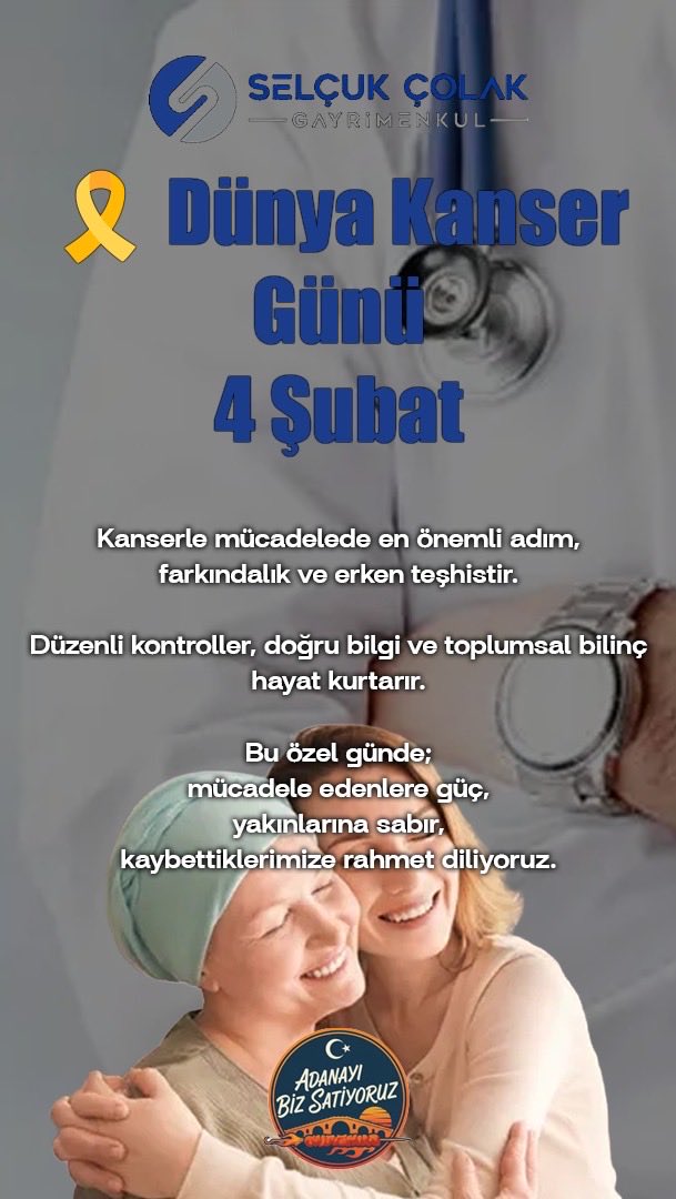 🎗4 Şubat Dünya Kanser Günü
Kanserle mücadelede farkındalık ve erken teşhis hayat kurtarır.
Dayanışma umudu büyütür. Birlikte daha güçlüyüz 🤍
☎️ 0322 235 52 52
📱 0532 052 37 37
#DünyaKanserGünü #Farkındalık #ErkenTeşhisHayatKurtarır #AdanayıBizSatıyoruz 
#Selcukcolakgayrimenkul