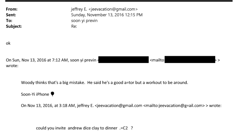 HighEarthOrbit_'s tweet photo. "Could you invite andrew dice clay to dinner?" 
                      -Epstein

"Woody (Allen) thinks that's a big mistake. He said he's a good actor but a workout to be around." 
                       -Soon Yi, Woody's wife

😆 https://t.co/xA2ZjLhcIx