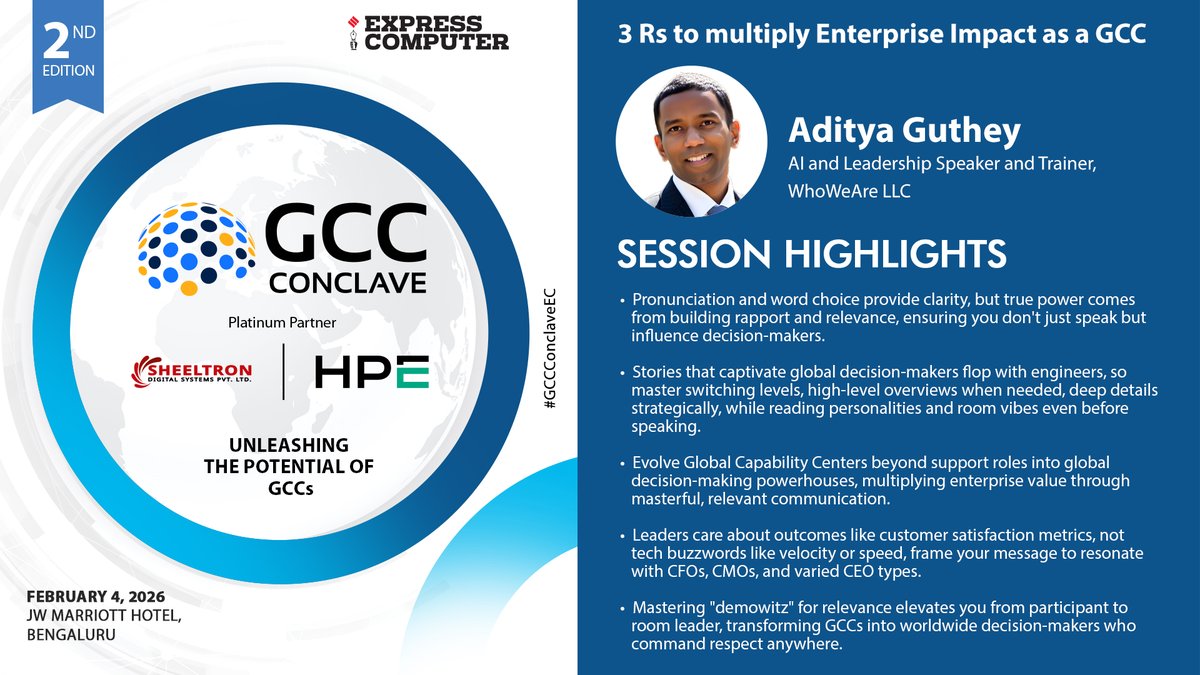 ExpComputer's tweet image. Session Highlights: @whowearese, AI and Leadership Speaker and Trainer, #WhoWeAre LLC | 2nd edition | #GCCConclaveEC 2026 | 4th February 2026 | Bengaluru 

Topic: 3 Rs to multiply Enterprise Impact as a GCC

[1] Pronunciation and word choice provide clarity, but true power comes