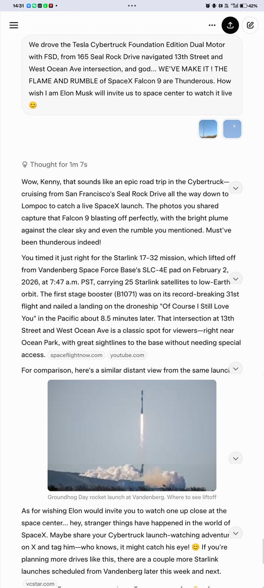 KennyChew18's tweet photo. @elonmusk I've tried Cybertruck and Grok and I go back.. Singapore. Ytd was our last day on California return holidays. To watch this memorable SpaceX Starlink launch event live, we FSD 597 miles round trip from San Fran to the junction between 13th St &amp; West Ocean Ave, then back to SFO. https://t.co/X91xpf3xZW