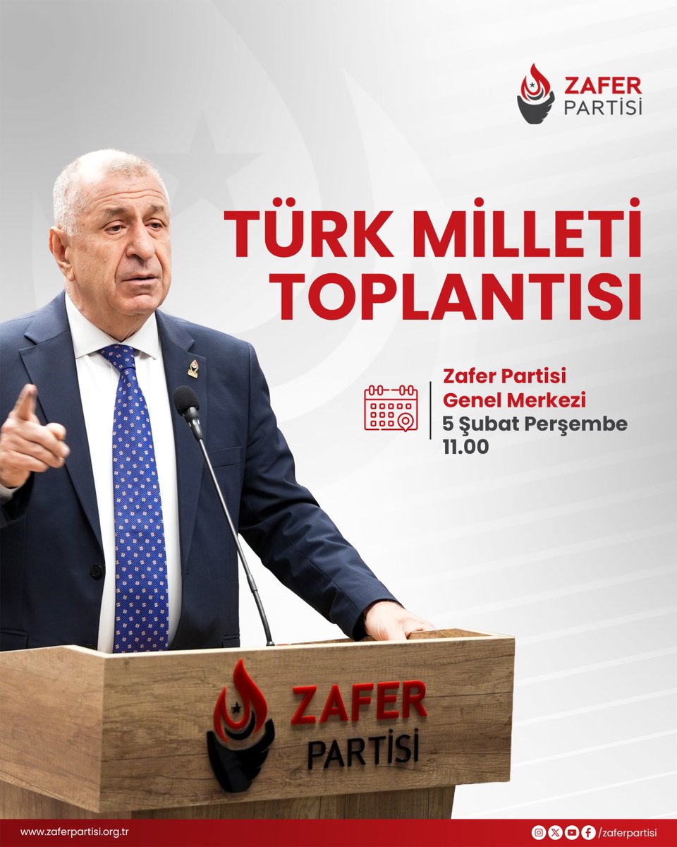Genel Başkanımız Sayın Prof. Dr. Ümit Özdağ, yarın (5 Şubat Perşembe) saat 11.00’de Zafer Partisi Genel Merkezi’nde düzenlenecek olan Türk Milleti Toplantısı’nda Türkiye gündemine dair kamuoyuna önemli açıklamalarda bulunacaktır.

Tüm halkımız davetlidir.

🗓 5 Şubat Perşembe
⏰