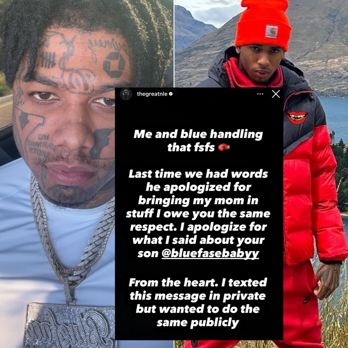 SaycheeseDGTL's tweet image. NLE Choppa publicly apologized to Blueface for what he said about his son Chrisean