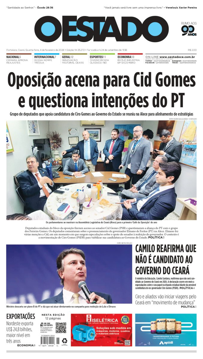 Capa do <a href="/jornaloestadoce/">Jornal O Estado</a> desta quarta