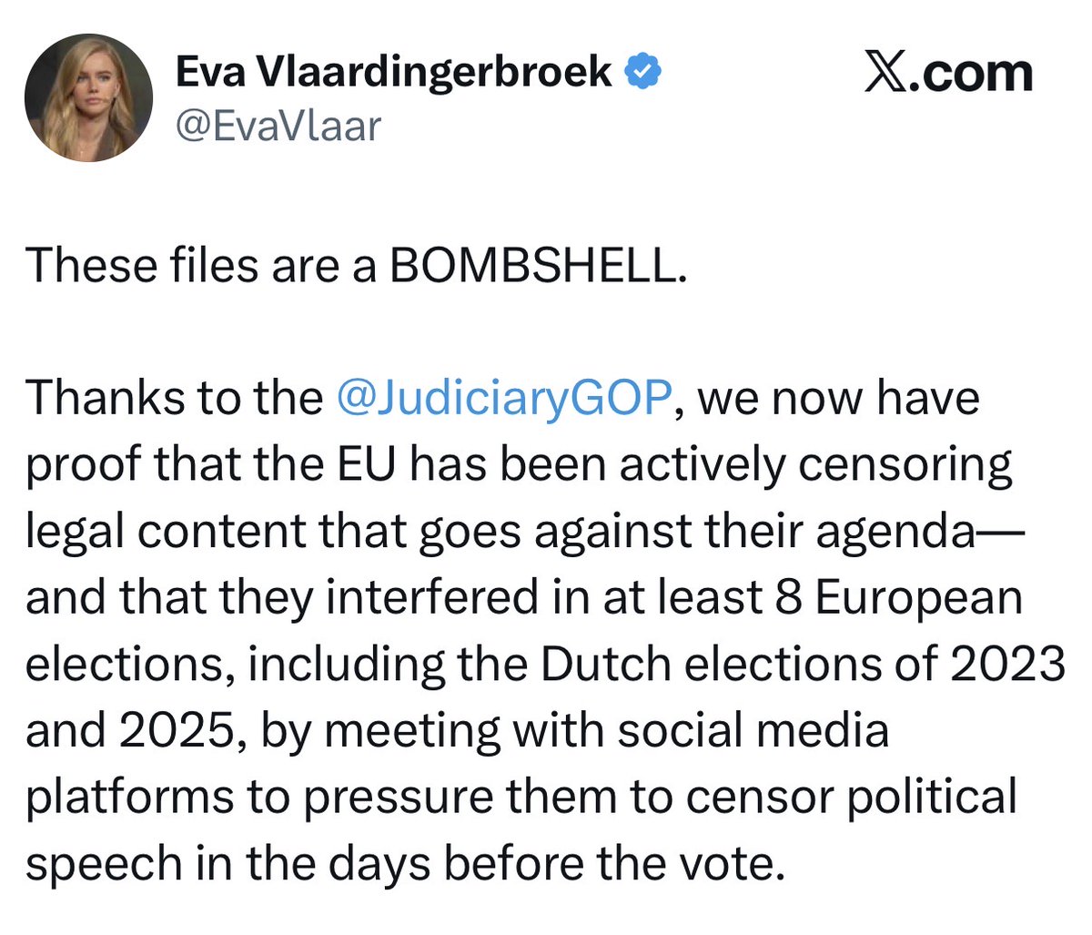 Systematische Wahlfälschungen durch “EU”: US-Ausschuss legt Beweise vor

Eva Vlaardingerbroek auf X:

“Diese Dateien sind eine BOMBE.

Dank <a href="/JudiciaryGOP/">House Judiciary GOP 🇺🇸🇺🇸🇺🇸</a> haben wir nun Beweise dafür, dass die EU aktiv legale Inhalte zensiert hat, die ihrer Agenda zuwiderlaufen – und dass sie sich