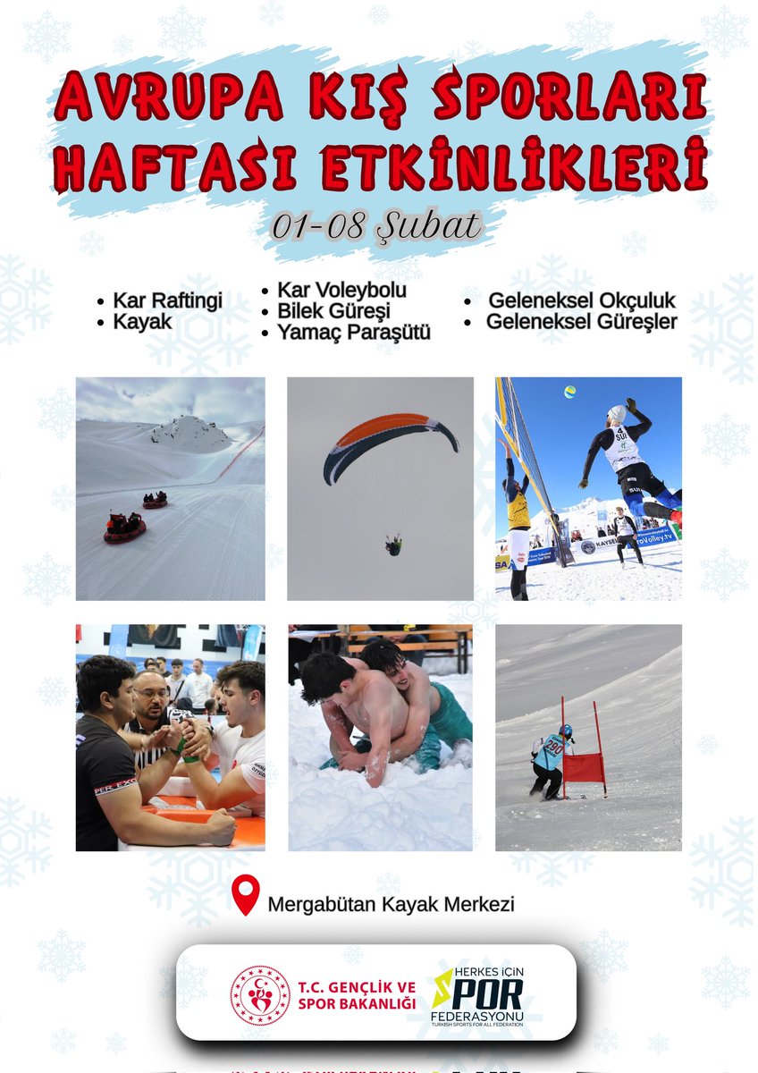 ⛷️Avrupa Kış Sporları kapsamında Mergabutan Kayak Merkezi'nde birçok spor branşında etkinliklerimiz başladı.

🤼‍♂️🏹🏐🪂