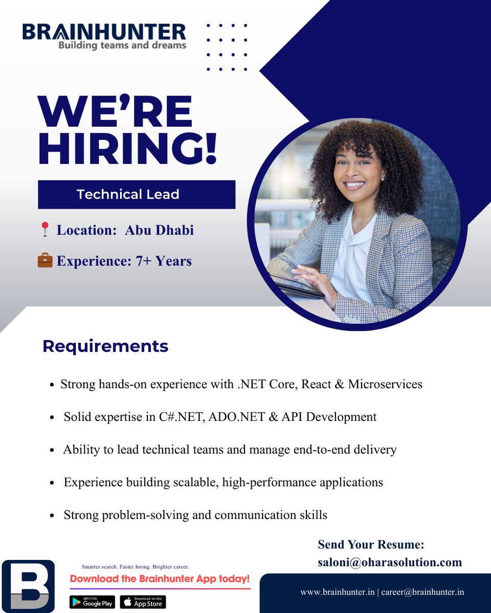 Brainhunter_in's tweet photo. Ready to take your career to #AbuDhabi? 🌍
We’re looking for an experienced Technical Lead with strong full-stack expertise to join a growing team.
✅ Experience: 7+ Years
📍 Location: Abu Dhabi
📩 Apply now by sending your CV saloni@oharasolution.com
#hiring #technicallead https://t.co/MCqy4aJQt4