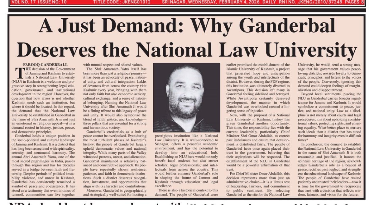 Establishing the National Law University in Ganderbal is a litmus test for the government—to honour a land that has upheld peace, democratic values, and national integrity despite years of turmoil in J&amp;K.