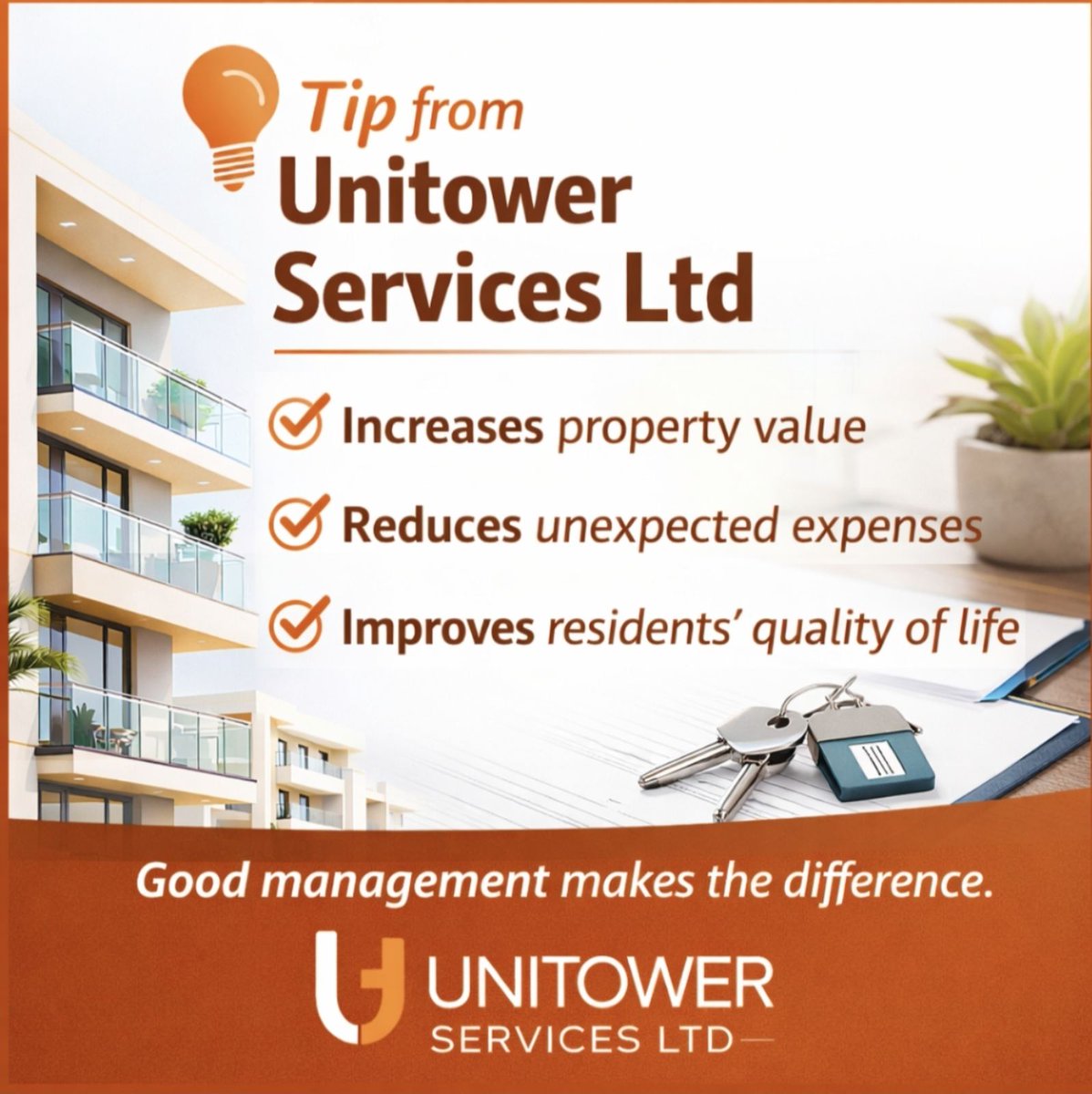 AntoniouConsta's tweet photo. 📷 Tip from Unitower Services Ltd
Proper property management is not an expense — it’s an investment.
📷 Increases property value
📷 Reduces unexpected expenses
📷 Improves residents’ quality of life https://t.co/b2nhWhJ7Td