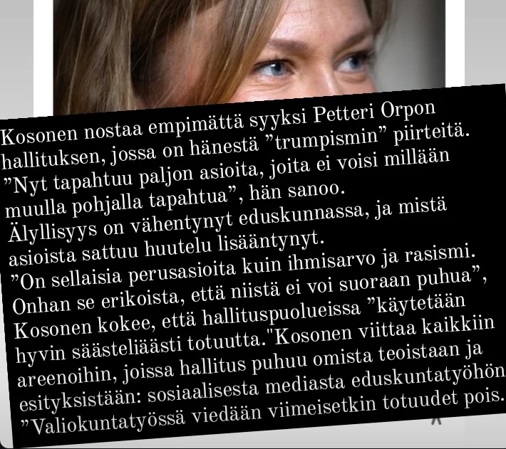 tuulimukka2's tweet photo. Keskusta Kosonen kertoi HS:n haastattelussa jättävänsä politiikan. Hän toi arvostettavan suorasanaisesti esille syitä joita löytyy, kuten kaikki tiedämme, Orpon hallituksesta 

Ja joita mahdollistaa tekopyhistä näytöksistään huolimatta @sfprkp @adleande @EvaBiaudet https://t.co/0cmwUYIyJR