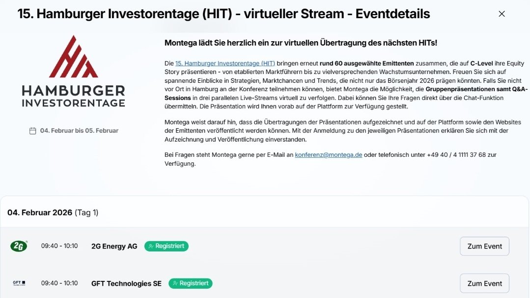 _FlorianKoenig's tweet photo. Die Möglichkeit, auch online an den Hamburger Investorentagen teilzunehmen, kommt mir sehr gelegen.
Los geht es mit 2 hochspannenden Vorträgen von 2G und GFT. Ich kann mich kaum entscheiden.
Was ist dein Favorit?
Vielen Dank für die Orga!
#HamburgerInvestorenTage #Montega #HIT https://t.co/pEAuWK2TxW