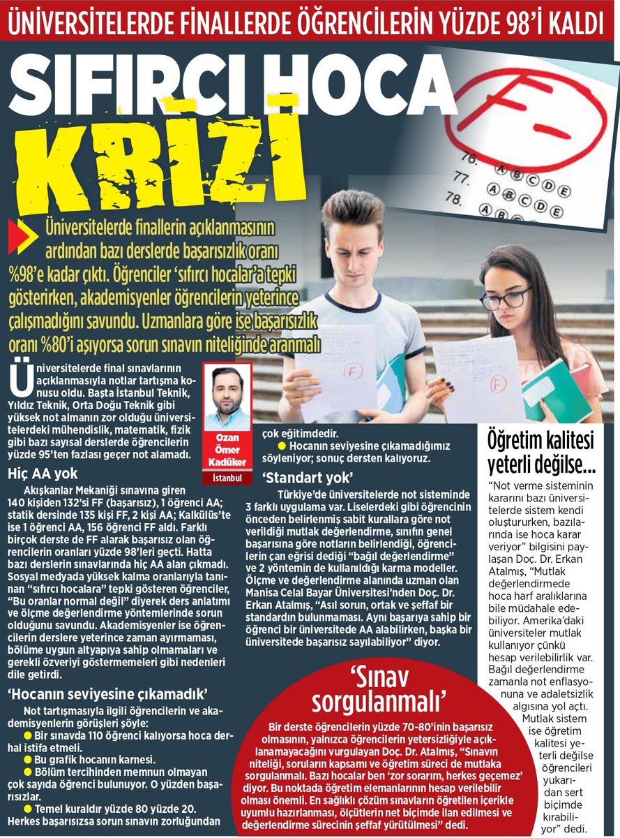 'Sıfırcı hoca' krizi

🔺Üniversitelerde finallerin açıklanmasının ardından bazı derslerde başarısızlık oranı yüzde 98’e kadar çıktı.   

🔺Başta İstanbul Teknik, Yıldız Teknik, Orta Doğu Teknik gibi yüksek not almanın zor olduğu üniversitelerdeki mühendislik, matematik, fizik