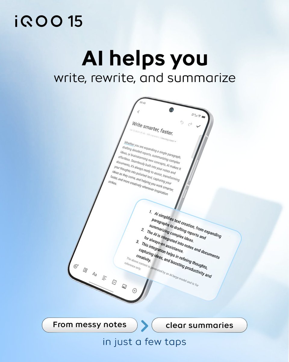 iqoo_id's tweet photo. AI on your phone should actually help you survive back-to-back meetings, messy notes, and tight deadlines.📱💡

Less manual work.
More getting things done.

Do you actually use AI on your phone for work? 👇

#iQOO15 #MonsterInside #PerformanceBeyond https://t.co/OKxQuLofPV