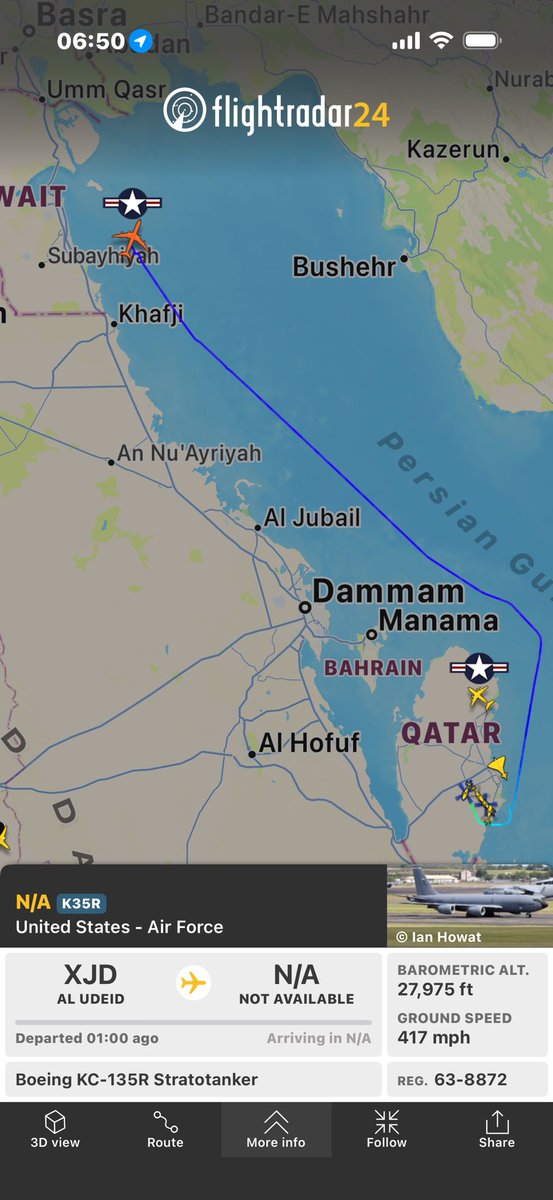 stunorth69's tweet photo. 🇺🇸 #USAF KC-135R Stratotanker
63-8872/ #AE014E 
Al Udeid (OTBH) > 
Tracking NNE over Kuwait City

@sipjack1776 @ArmchairAdml 
@Gh0str1dr91 @jamjake01 https://t.co/xgzAn6c8LS
