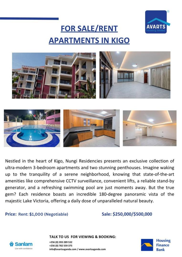 Experience the epitome of luxury living at Nungi Residencies in Kigo, featuring ultra-modern 3-bedroom apartments and stunning penthouses with 180-degree views of Lake Victoria.

Contact us today to schedule your private viewing.

#NungiResidencies #Kigo #RealEstate #Uganda