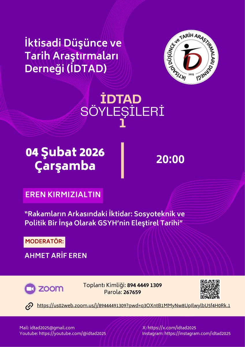 1-Bu akşam saat 20:00'de <a href="/ahmetariferen/">Ahmet Arif Eren</a>'in moderatörlüğünde <a href="/ErenKirmizialtn/">Eren Kırmızıaltın</a> ile ZOOM üzerinden yapacağımız "Rakamların Arkasındaki İktidar: Sosyoteknik ve Politik Bir İnşa Olarak GSYH’nin Eleştirel Tarihi" söyleşimiz herkese açık olacaktır.