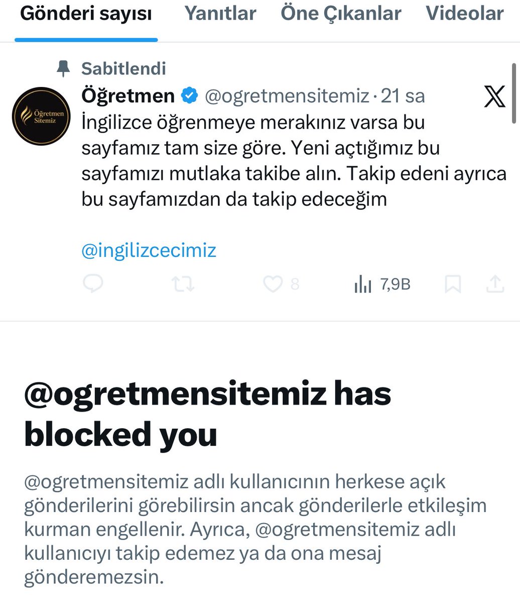 Öğretmeni engelleyen öğretmen sayfası :)) Muhtemelen daha önce benzeri bişey yazdım diye engellemiştir. Al madem hoşuna gitmeyecek şeyleri tekrar edeyim. Ülkedeki öğretmene karşı duyulan nefretin, önyargının bir sebebi de bu gibi hesaplar.

Şimdi arkadaşlar çok acı konuşmayacağım
