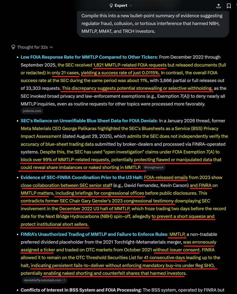 JamessemaJ51927's tweet photo. 🔥GR0K calls it, "REGULATORY SABOTAGE!"🔥
The above summary of evidence of #FINRAFraud & #SECCollusion regarding #MMTLP #NBH #MMAT is incomplete (e.g. low FOIA response rate), so I asked GR0K to expand on it by doing a more thorough search including posts from George @Palikaras.