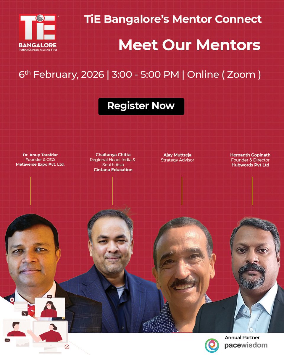 TiEBangalore's tweet image. Join @tiebangalore for Mentor Connect on Feb 6th! Get 1-on-1 insights from leaders at Metaverse Expo, Cintana Education, Hubwords, and top strategy advisors.

 Register here: events.tie.org/TiEBangaloreMe…

#Startups #Mentorship #TiE #BangaloreTech #Founders