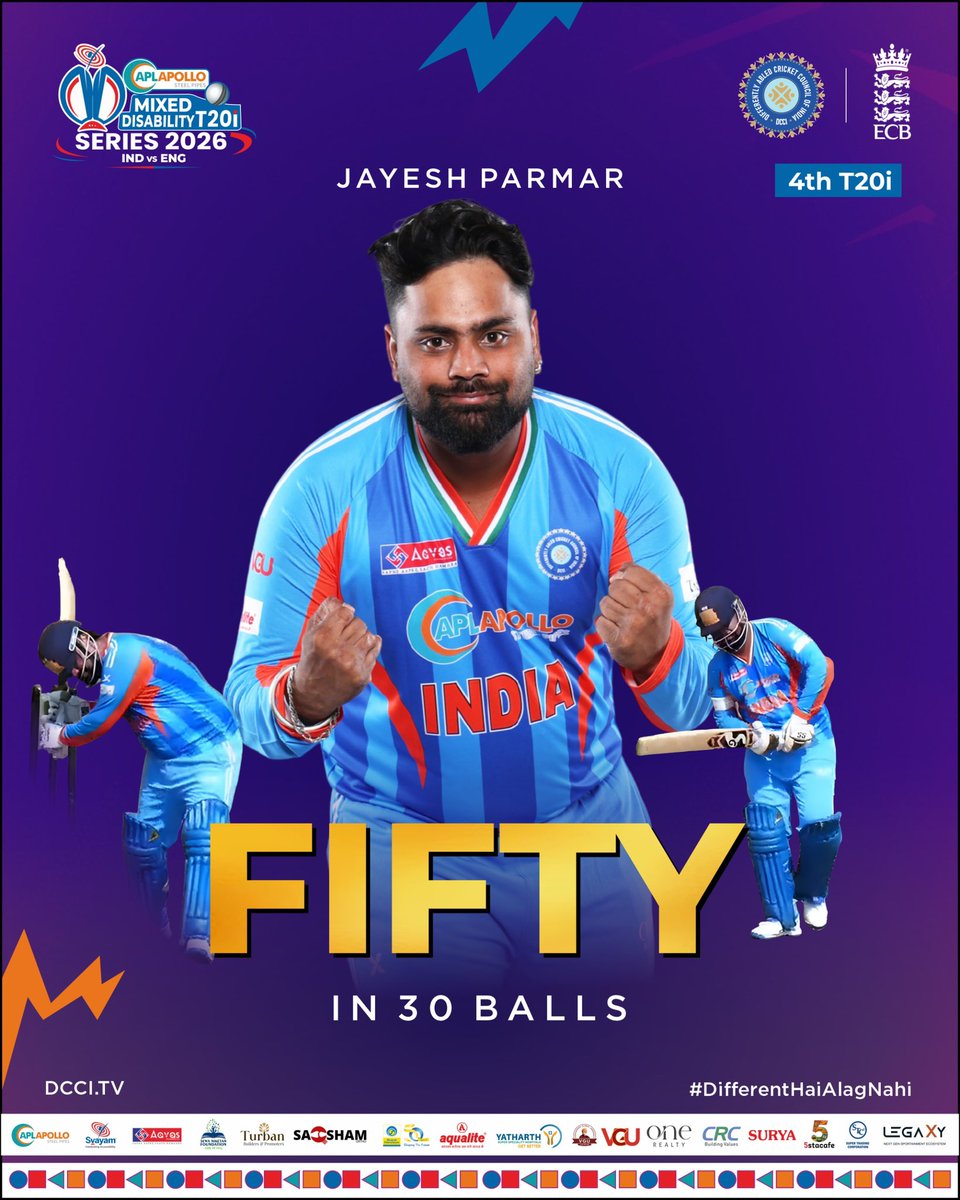 dcciofficial's tweet photo. Jayesh Parmar lights up the 4th T20I with a blazing 50 off 30 balls ๐ฅ
Ability beyond boundaries.
@JayShah @ICC @BCCI
#bcci #dcci #mixeddisability https://t.co/luJvKvHo5p