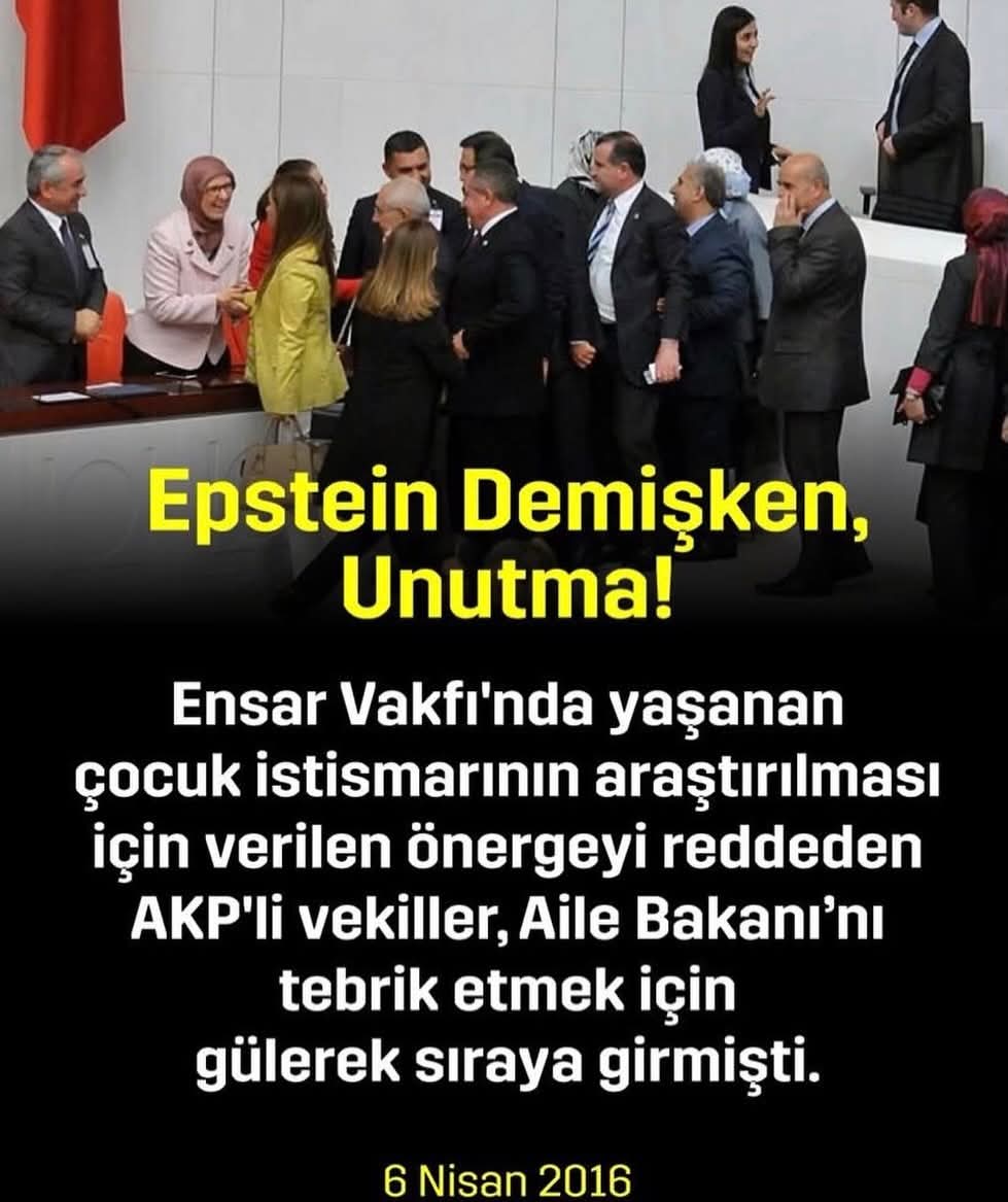 Denizcicekoglu's tweet photo. " Ensar Vakfı'nda çocuklara tecavüzün araştırılmasına dair önergeyi reddeden AKP'li vekiller "Bir kereden bir şey olmaz" diyen bakanı tebrik etmek için gülerek sıraya girmişti " https://t.co/smnEwDBQip