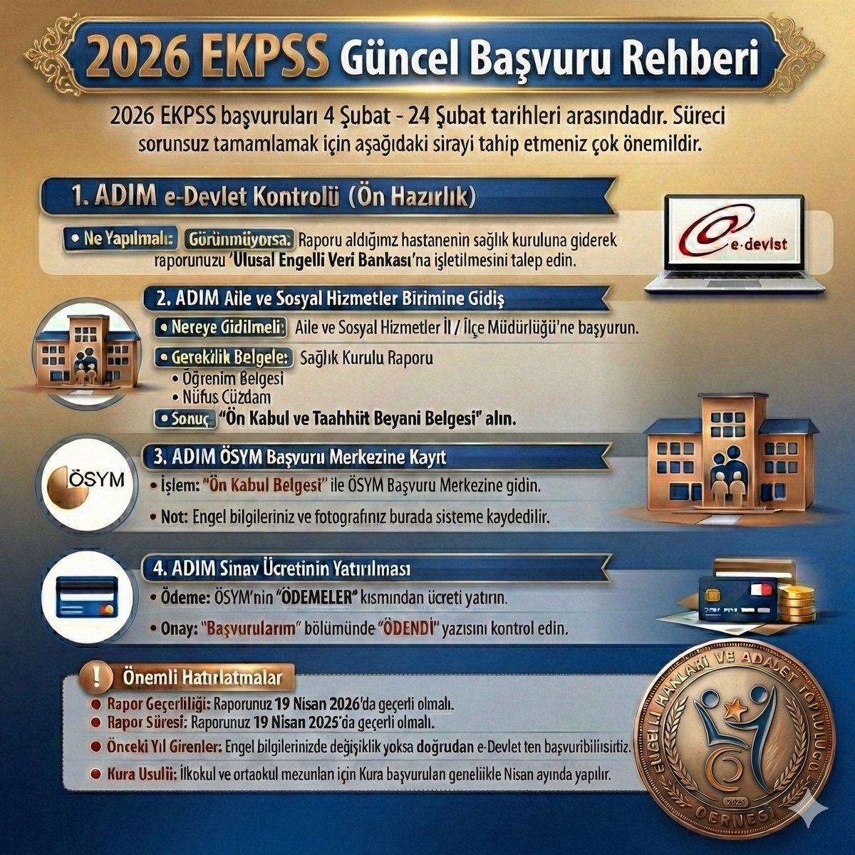 2026 EKPSS Güncel Başvuru Rehberi

2026 EKPSS başvuruları 4 Şubat - 24 Şubat tarihleri arasındadır. Süreci sorunsuz tamamlamak için aşağıdaki adımları takip etmeniz önemlidir:

1. ADIM: e-Devlet Kontrolü (Ön Hazırlık)
 * Ne Yapılmalı: e-Devlet'e giriş yaparak

"Erişkinler için