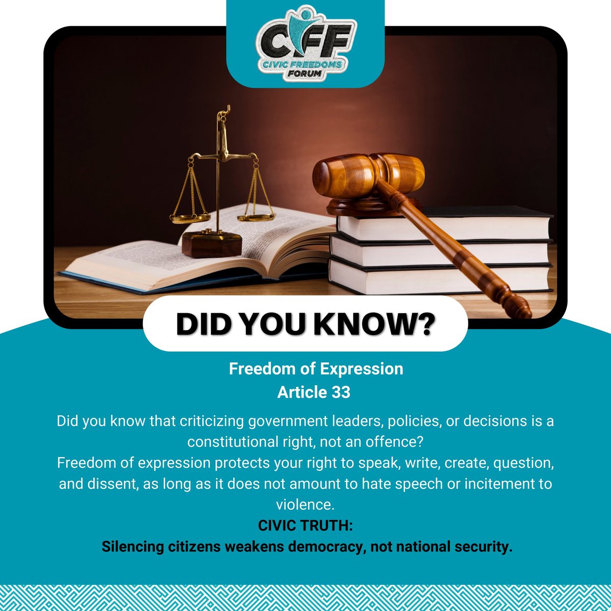 cff_kenya's tweet image. Democracy depends on fearless voices, not silent citizens.
#DidYouKnow #Article33 #FreedomOfExpression #CivicFreedoms