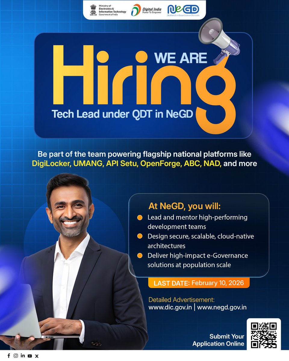 GoI_MeitY's tweet photo. The National e-Governance Division (NeGD) under the Digital India Programme is inviting applications for the position of 

👉Tech Lead 

under the Quality &amp; Digital Transformation (QDT) vertical.

 Apply online: https://t.co/mGG4kxj1rP 

#NeGD #HiringNow #NMC #DigitalIndia https://t.co/RMaCnOpKaN