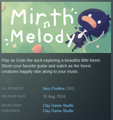 New Achievement unlocked: 
500 reviews on Mirth Melody!

Thank you all for playing. 😁