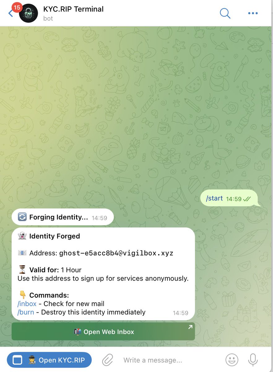 kyc_rip's tweet photo. Just unlocked GhostMail on our TG Bot for FREE. While the web version remains premium, you can now generate 1-hour ephemeral inboxes directly in TG at no cost.
Stop leaking your metadata. Start burning your tracks.
🤖 Try it: https://t.co/DRrTHUOKb4
#Privacy #GhostMail #NoKYC https://t.co/MqVjP7CT1Q