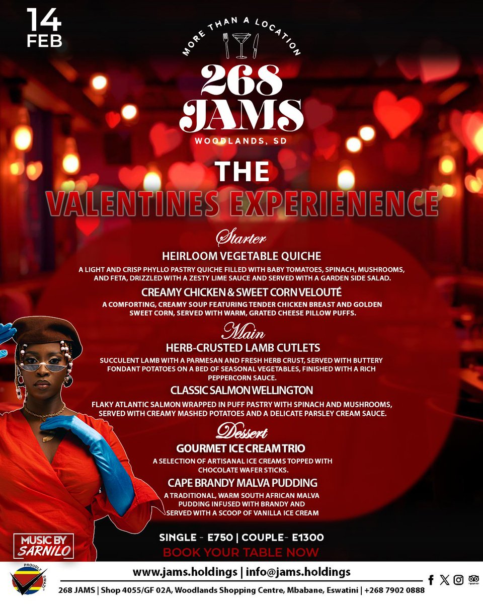 Celebrate love this Valentine’s at 268 JAMS, Woodlands SD 💕  
✨ Curated 3‑course menu  
🎶 Live music by Sarnilo  
💌 Single – E750 | Couple – E1300