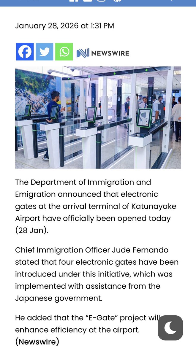 NalakaG's tweet photo. Grudging #DigitalizationLK at work: automated immigration gates were opened at #Colombo Airport last wk claiming to “improve efficiency”. I arrived on Jan 31 & cleared thru such a gate - only to be told to join a line for human immigration officer who stamped my passport. Why, I asked him. “Immigration Act is not amended yet to allow machines clearing passengers!” ☹️🤔🫤
