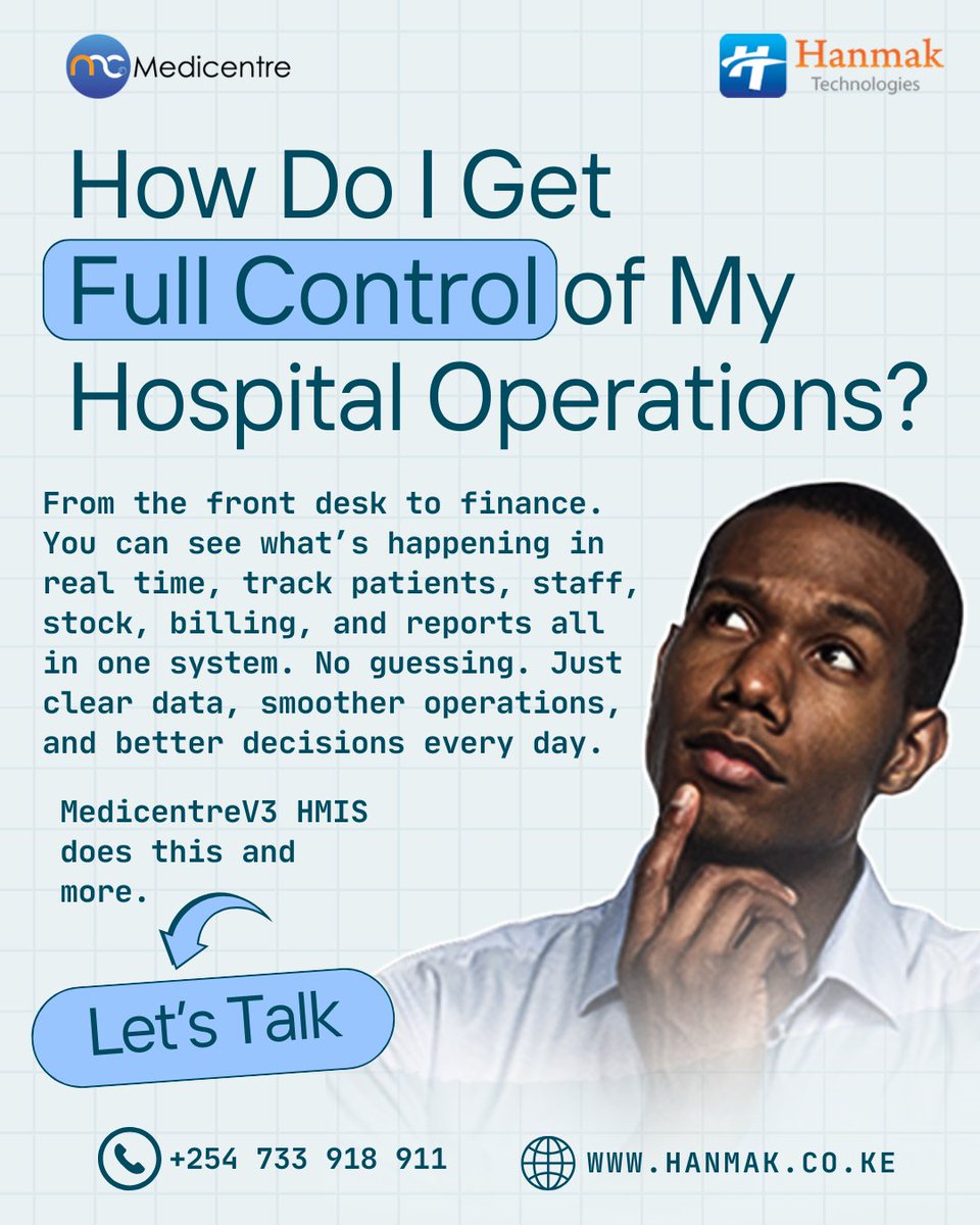 hanmaklimited's tweet photo. Control does not come from more meetings.
It comes from better visibility.

MedicentreV3 HMIS shows what is happening across your hospital  in real time, in one system. https://t.co/0TUCOifgbZ