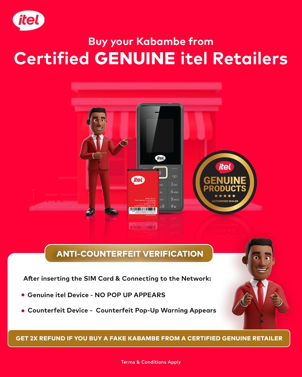 ⚠️ Don’t get conned. Buy genuine.
Buy your kabambe from Certified GENUINE itel retailers only.

✔️ No pop-up = Genuine itel phone
❌ Pop-up warning = Fake device

Bonus? 💰
Get 2× refund if you buy a fake from a certified genuine retailer.
#itelkenya  #genuine  #kabambe