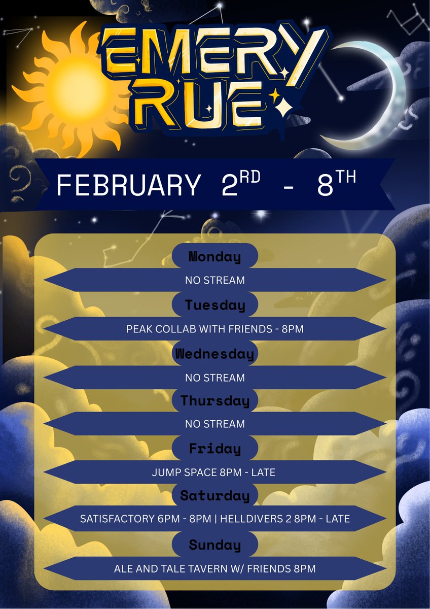 EmeryRue's tweet photo. STREAM SCHEDULE FOR THIS WEEK !!!

So excited to share my one favourite games on stream. I've been in love with Satisfactory for age 😍

Have a great week all https://t.co/TVWZMgXlwA