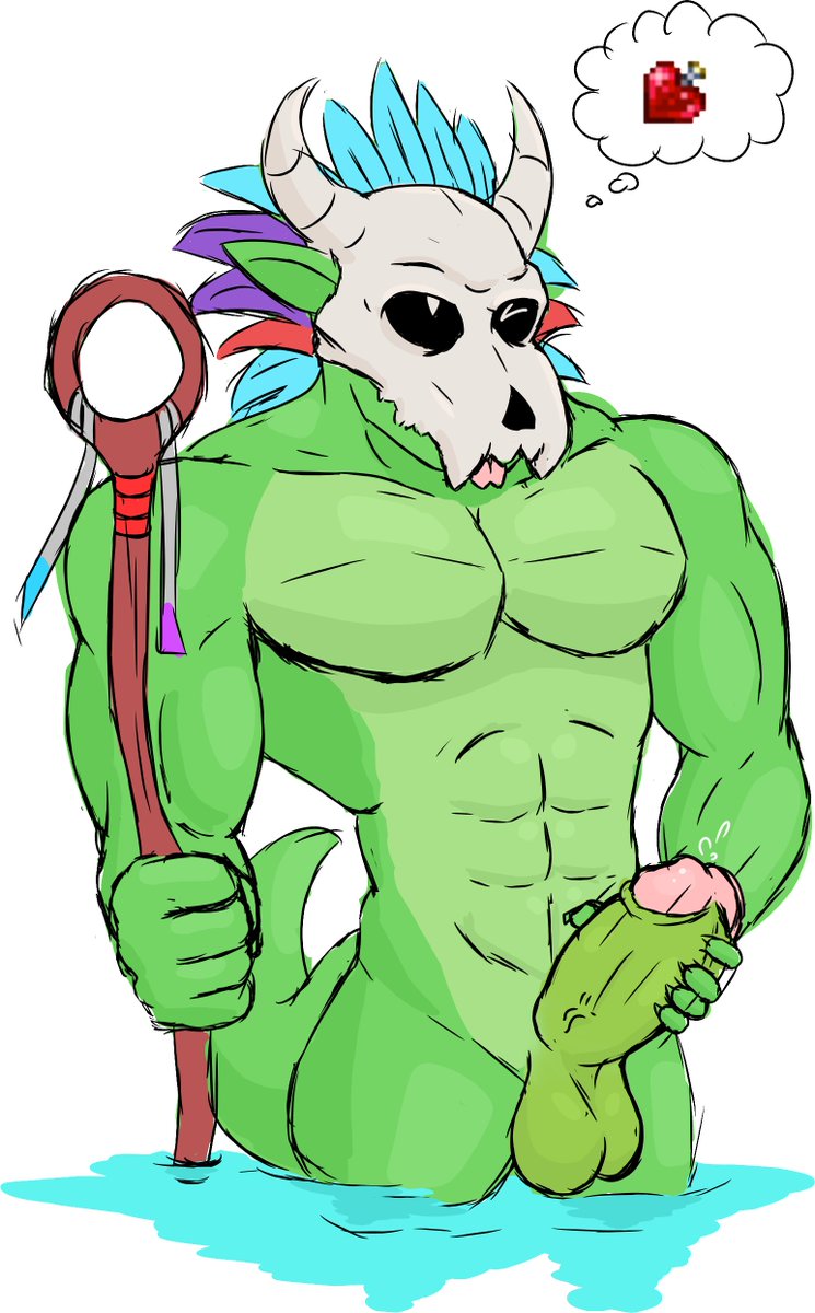 Sploogo's tweet photo. A doodle of the Witch Doctor trying out the love potion  
#Nsfw #WitchDoctor #Terraria https://t.co/Dd2U9rmCqC