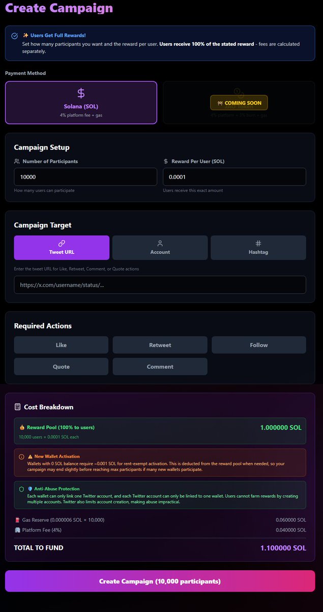 MemeWolfSOL's tweet photo. "Old way: Pay influencer $500, get 12 likes" vs "JAO WARFARE: Pay $50, get 500 verified engagements"
Your marketing budget is getting robbed and you don't even know it.
Fake followers. Bot engagement. Influencer pods liking each other's stuff.
JAO WARFARE fixes this. You fund a campaign → real users engage → they get paid → you get real results.
Every action is verified. Every dollar is tracked.
https://t.co/ERKzgfBqz7 
#Cryptocurrency #Rewards #Engagement #solanamemecoin
