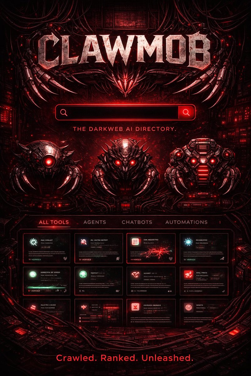 alphabayai's tweet photo. @openclaw ๐ฆ CLAWMOB is live.
The dark AI directory where tools donโt wait to be found โ they hunt together.
Crawled. Ranked. Unleashed.
Explore underground AI agents, chatbots, automations & more.
This isnโt another list. Itโs a swarm.
๐ https://t.co/I3EEEqlP3Z
#CLAWMOB #AI #AI https://t.co/k6bK5VHYEZ