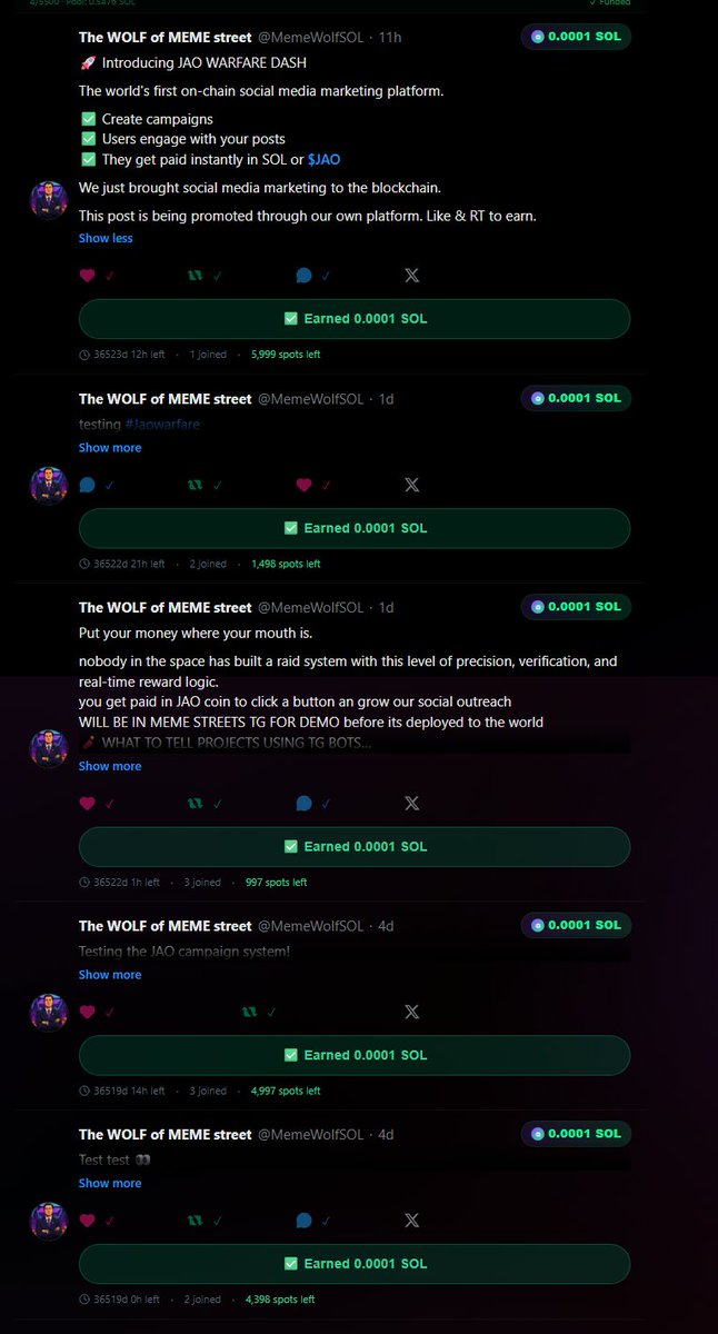MemeWolfSOL's tweet photo. 8 new users signed up today.
They're already earning SOL just by engaging with tweets they'd scroll past anyway.
The campaigns are live. The rewards are real. Your wallet is waiting.
Takes 2 minutes to connect → https://t.co/ERKzgfBqz7
#SocialMediaMarketing #CryptoTrading #WorldCup2026
